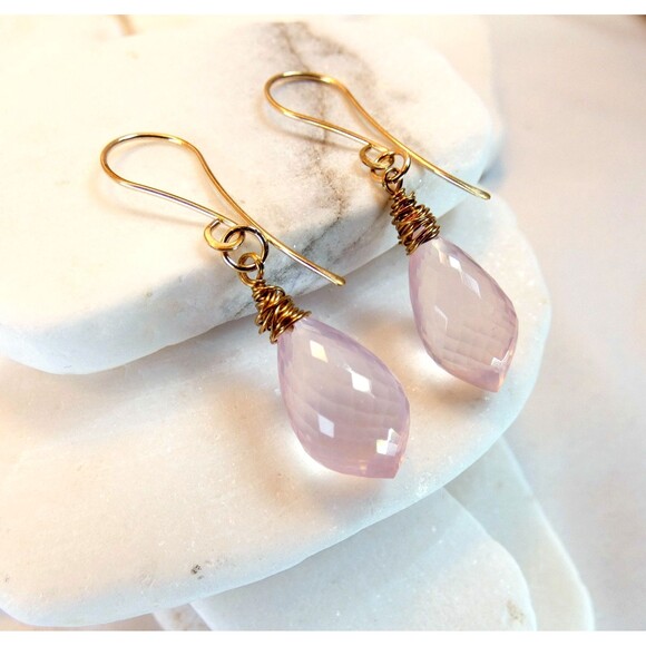 Natural Rose Quartz Micro Faceted Gold Fill Dangle Drop Earrings Handmade AAA - Picture 2 of 6